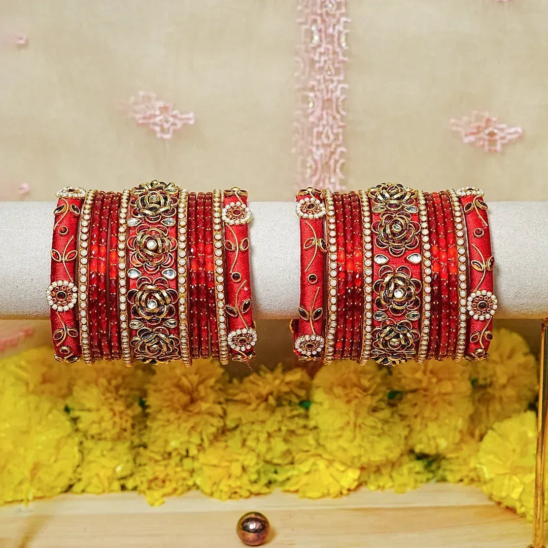 Traditional Handmade Thread Work Glass Bangles Set for Women (Both Hands) - The Golden Cascade